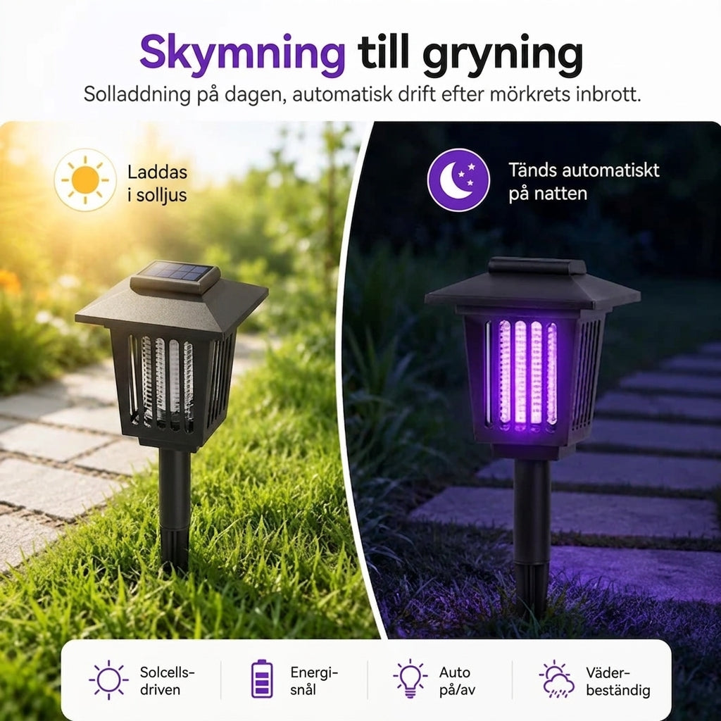 Solcellsdriven myggfälla med LED-belysning – för myggfria kvällar utomhus
