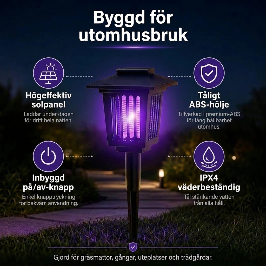 Solcellsdriven myggfälla med LED-belysning – för myggfria kvällar utomhus