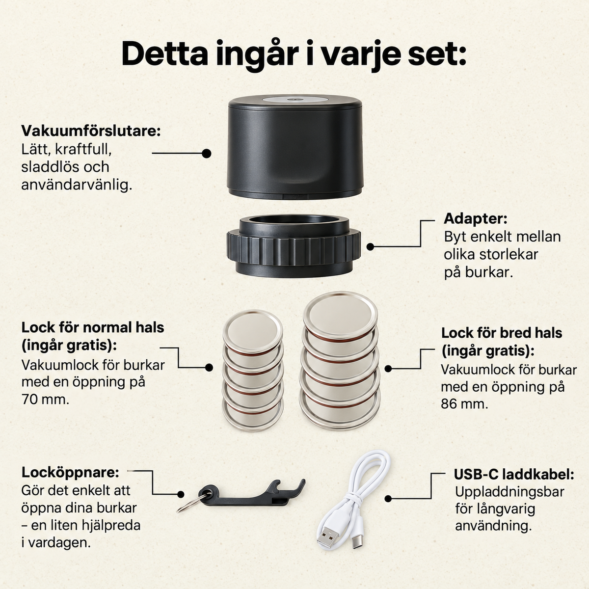 Vakuumförslutare för glasburkar + 10 lock på köpet